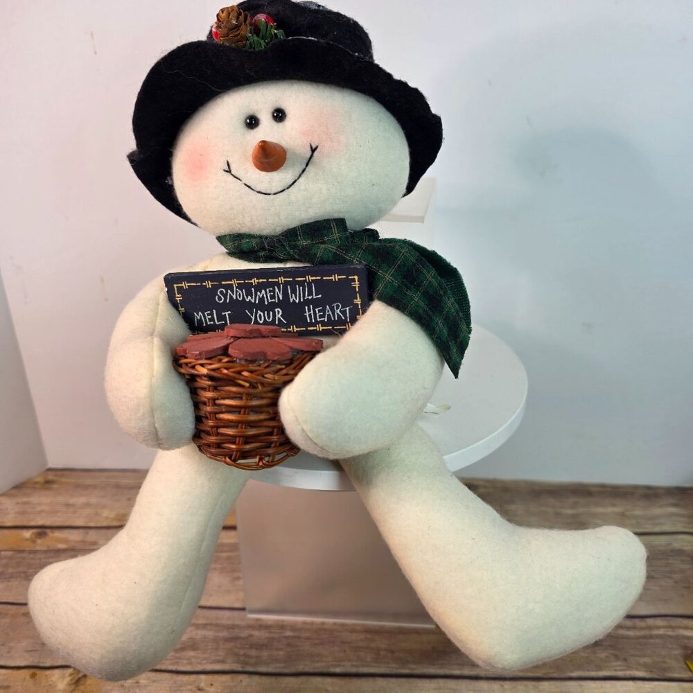 Snowman Plush Decoration With Basket & Sign - Terrys Village - 11" Tall